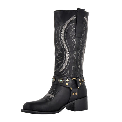 Square Toe Embroidery Stud Strap Mid-Calf Boots
