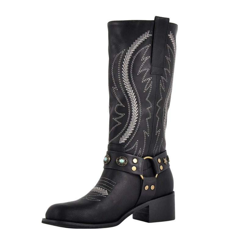 Square Toe Embroidery Stud Strap Mid-Calf Boots