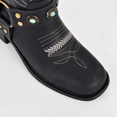 Square Toe Embroidery Stud Strap Mid-Calf Boots