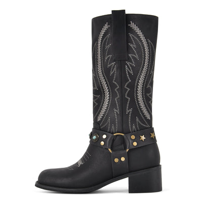 Square Toe Embroidery Stud Strap Mid-Calf Boots