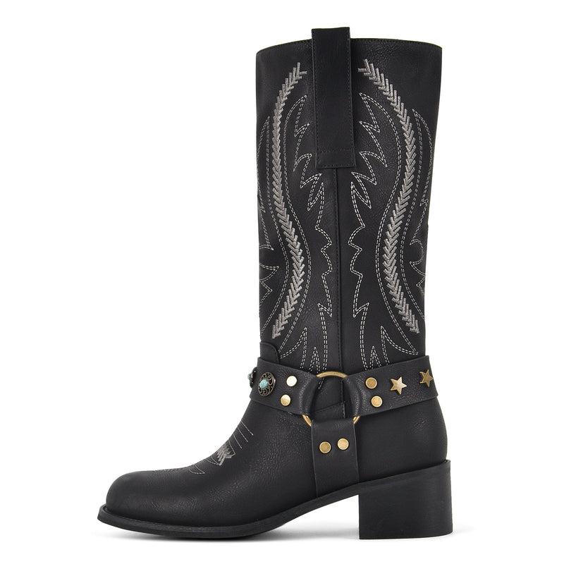 Square Toe Embroidery Stud Strap Mid-Calf Boots