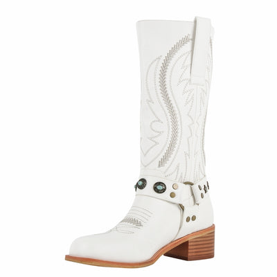 Square Toe Embroidery Stud Strap Mid-Calf Boots