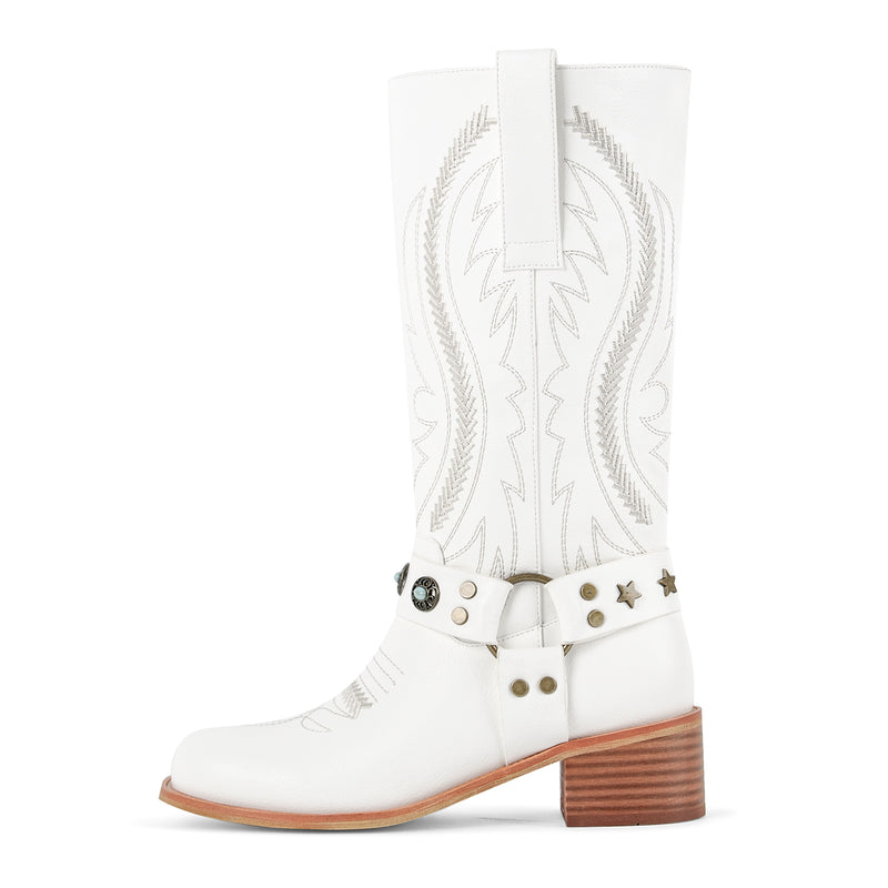 Square Toe Embroidery Stud Strap Mid-Calf Boots