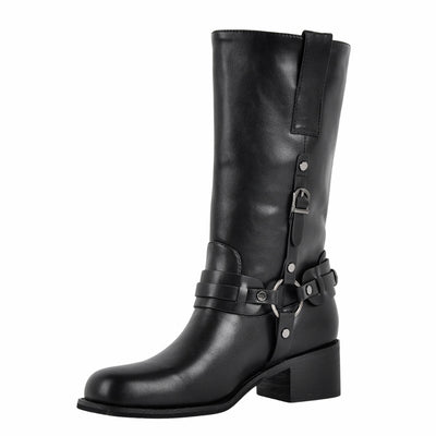 Square Toe Buckle Strap Mid-Calf Boots