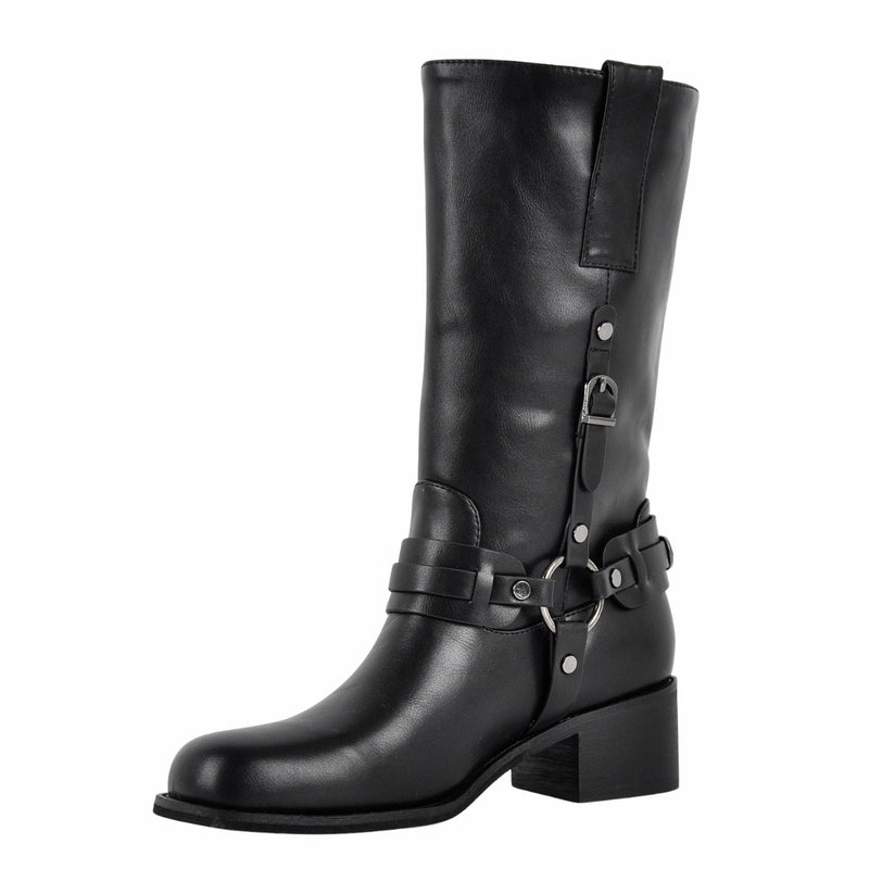 Square Toe Buckle Strap Mid-Calf Boots
