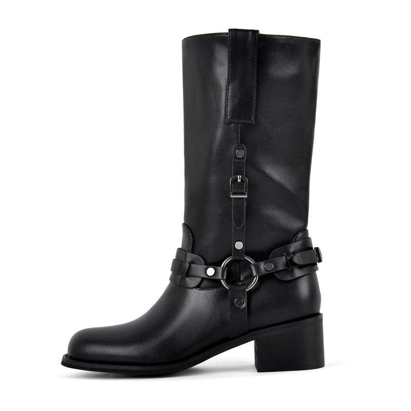 Square Toe Buckle Strap Mid-Calf Boots