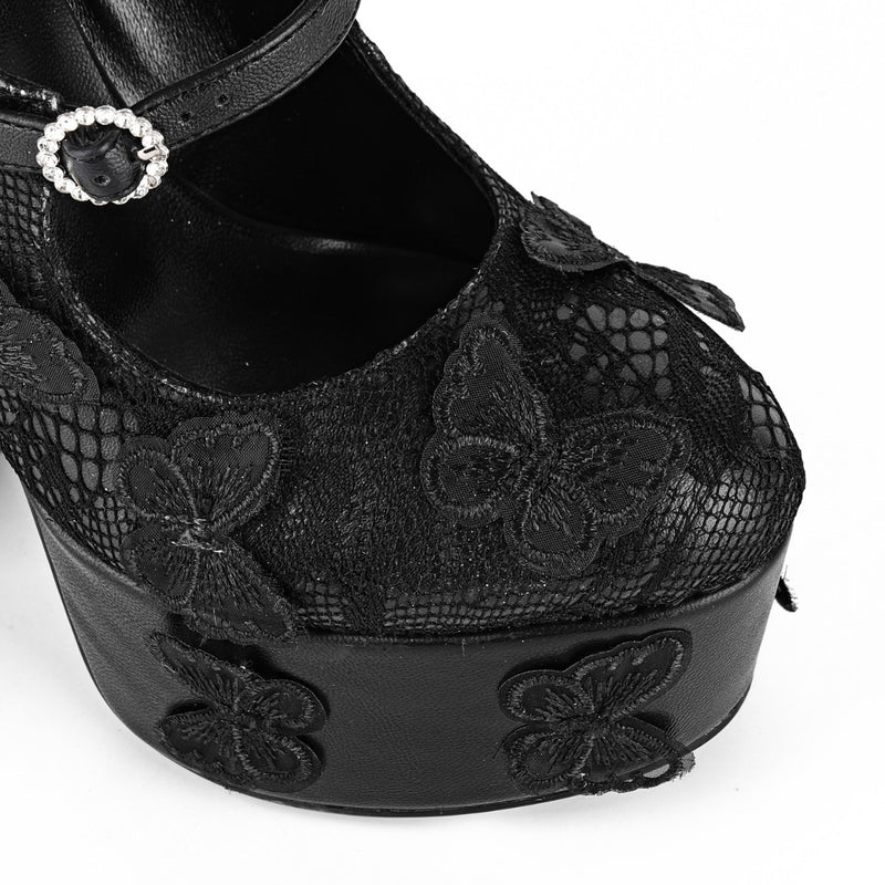Platform Butterfly Lace Mesh Multi Buckle Strap Pumps