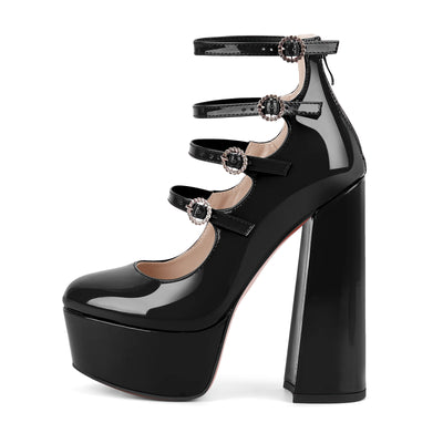 Platform Rhinestone Multi Buckle Strap Pumps