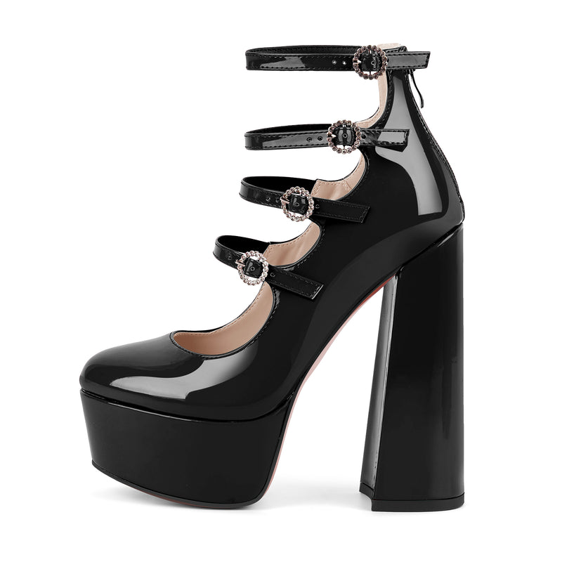 Platform Rhinestone Multi Buckle Strap Pumps
