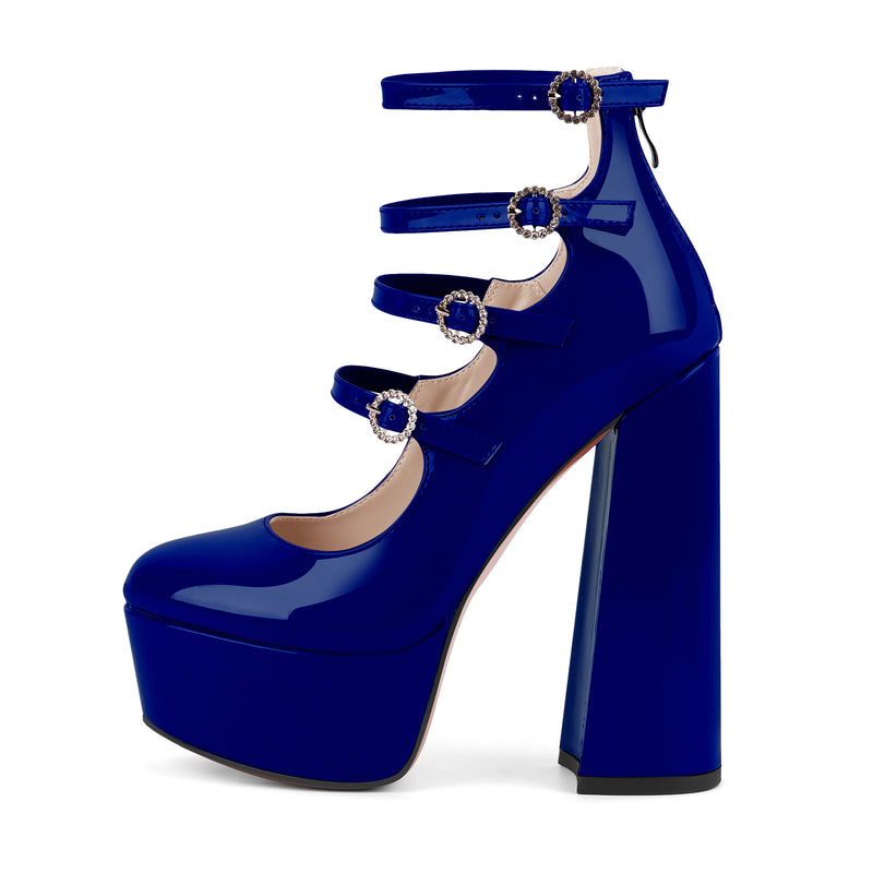 Platform Rhinestone Multi Buckle Strap Pumps