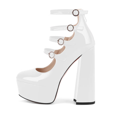 Platform Rhinestone Multi Buckle Strap Pumps