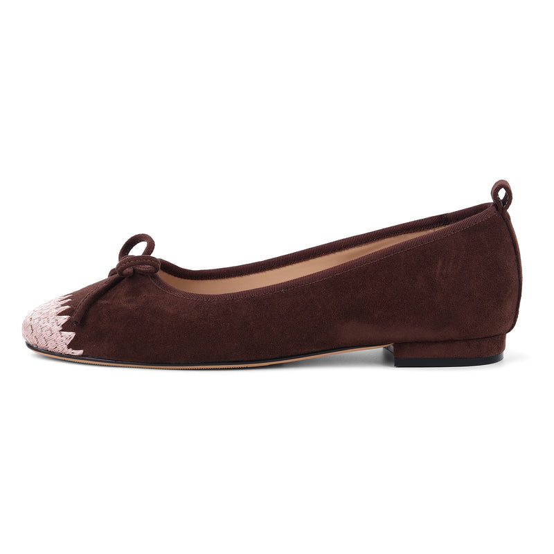 Suede Square Toe Bow Embroidery Ballet Flats