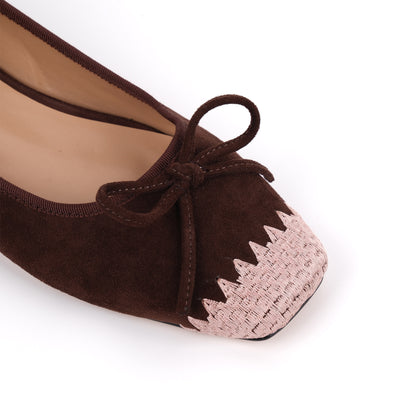 Suede Square Toe Bow Embroidery Ballet Flats