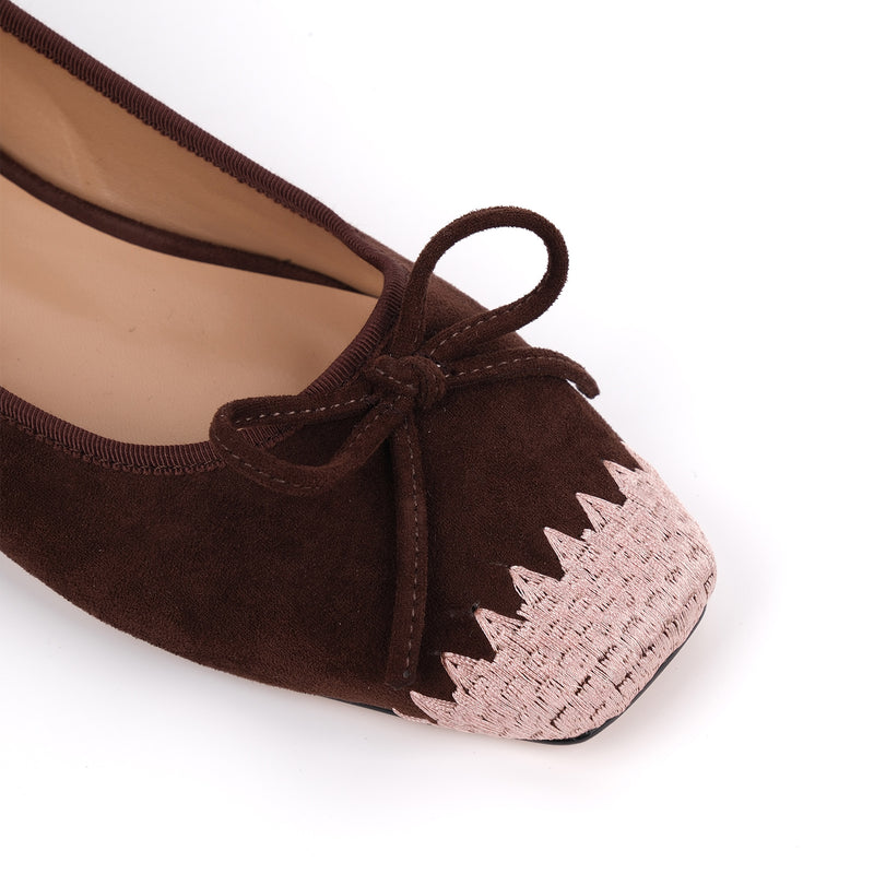 Suede Square Toe Bow Embroidery Ballet Flats