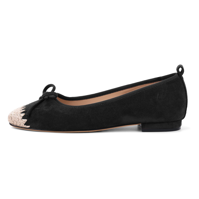 Suede Square Toe Bow Embroidery Ballet Flats