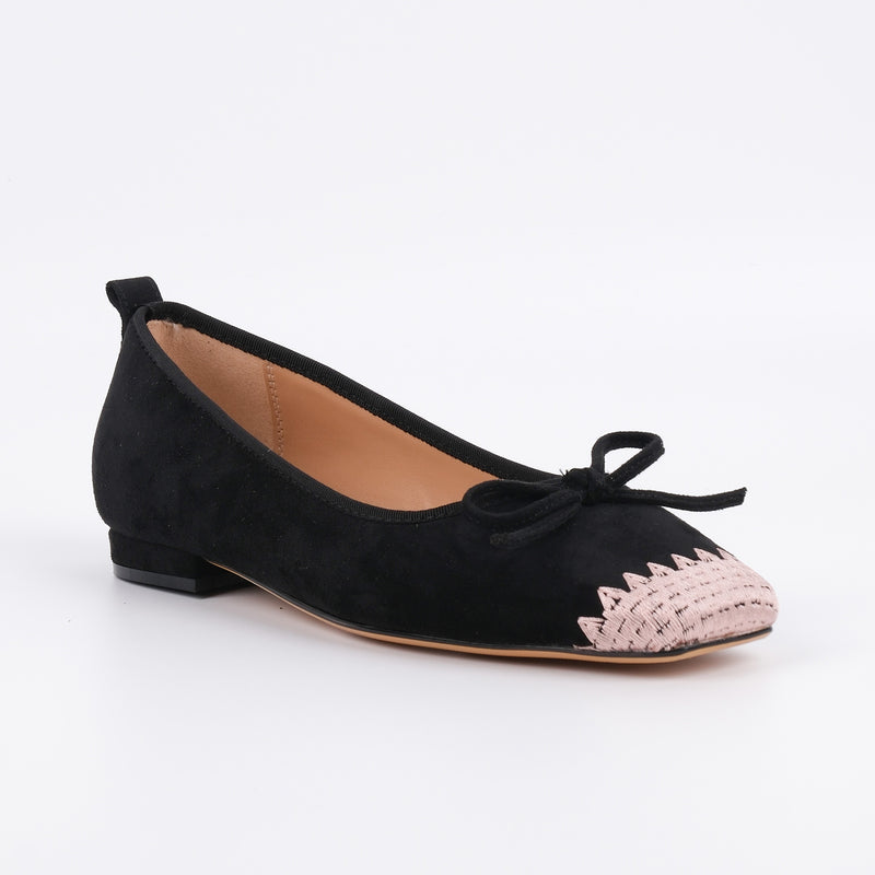 Suede Square Toe Bow Embroidery Ballet Flats