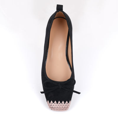 Suede Square Toe Bow Embroidery Ballet Flats