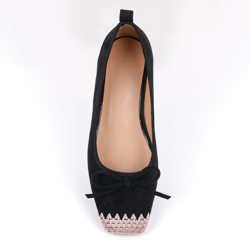 Suede Square Toe Bow Embroidery Ballet Flats