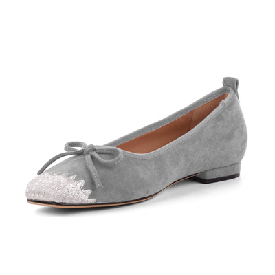 Suede Square Toe Bow Embroidery Ballet Flats