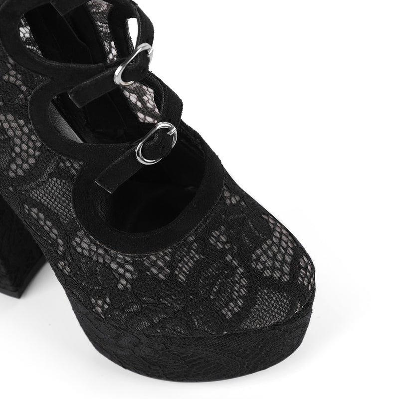 Lace Mesh Multi Buckle Strap Knee High Boots
