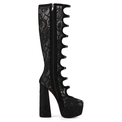 Lace Mesh Multi Buckle Strap Knee High Boots