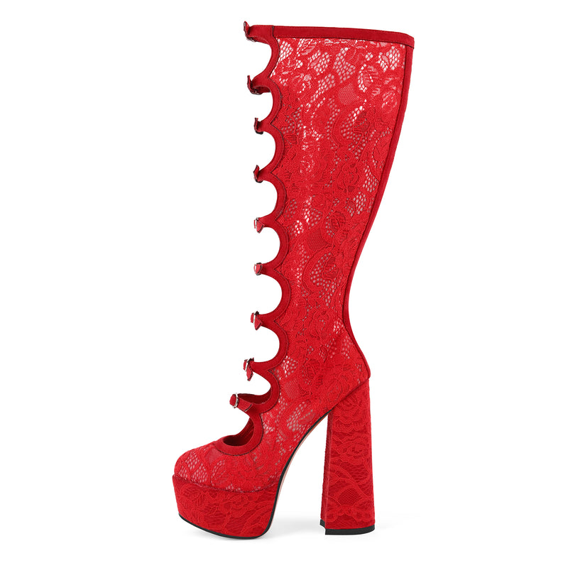 Lace Mesh Multi Buckle Strap Knee High Boots