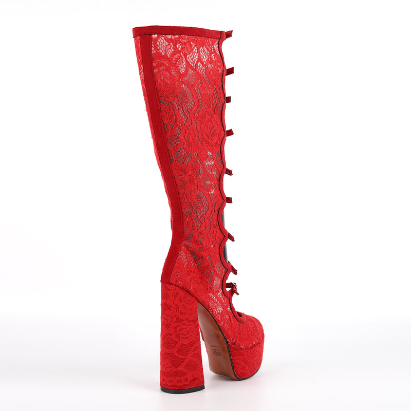 Lace Mesh Multi Buckle Strap Knee High Boots