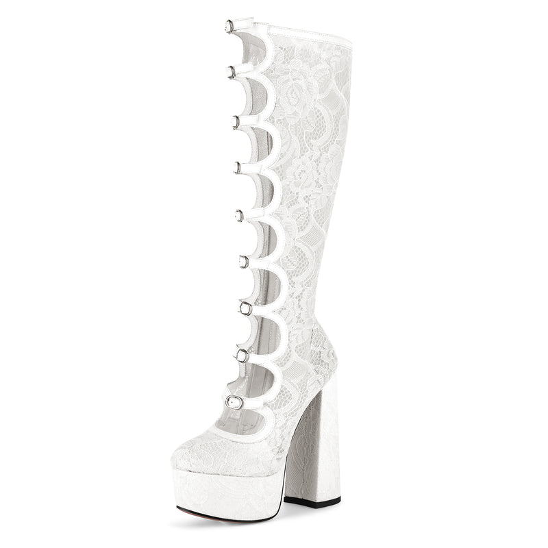 Lace Mesh Multi Buckle Strap Knee High Boots