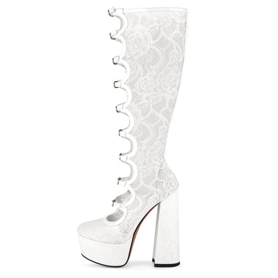 Lace Mesh Multi Buckle Strap Knee High Boots