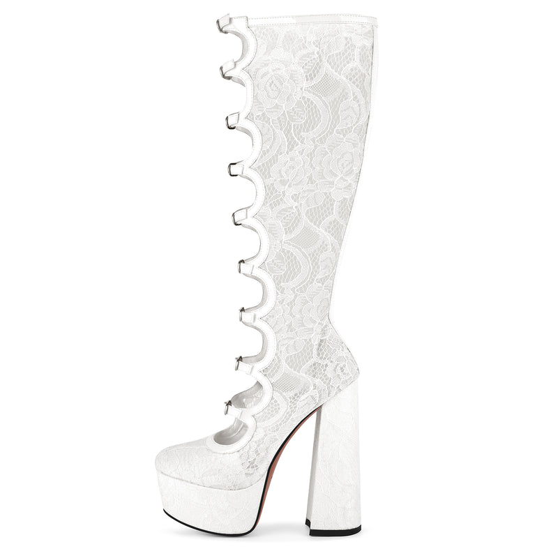 Lace Mesh Multi Buckle Strap Knee High Boots