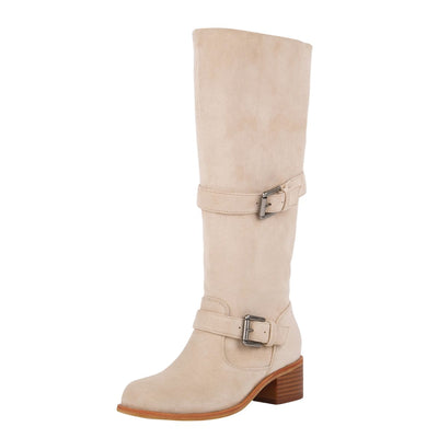 Suede Round Toe Buckle Strap Knee High Boots