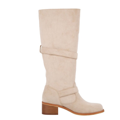 Suede Round Toe Buckle Strap Knee High Boots