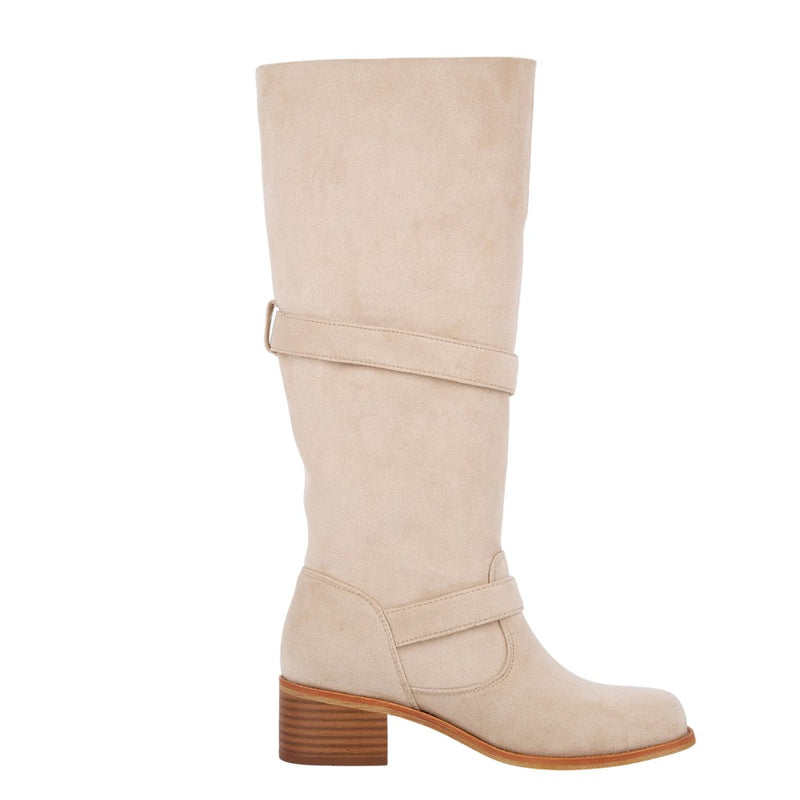 Suede Round Toe Buckle Strap Knee High Boots