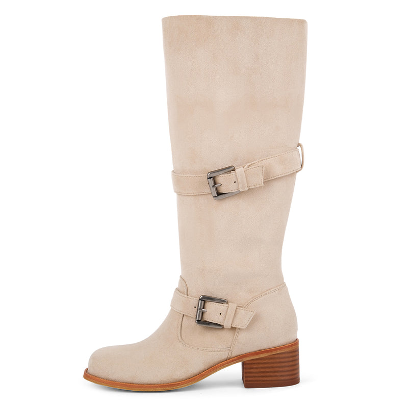 Suede Round Toe Buckle Strap Knee High Boots