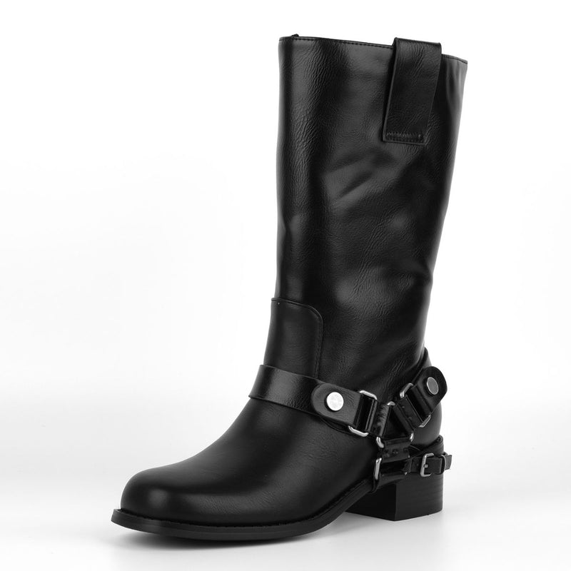 Buckle Strap Chunky Heel Mid-Calf Boots