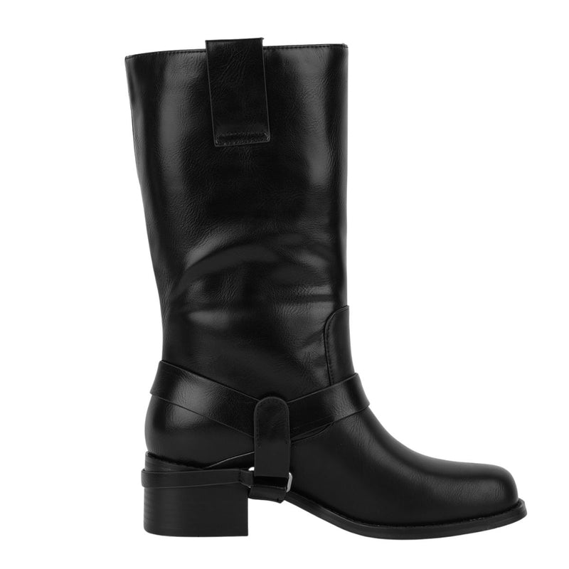Buckle Strap Chunky Heel Mid-Calf Boots