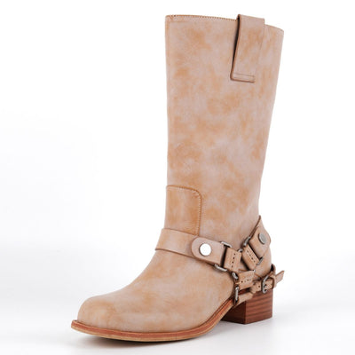 Buckle Strap Chunky Heel Mid-Calf Boots