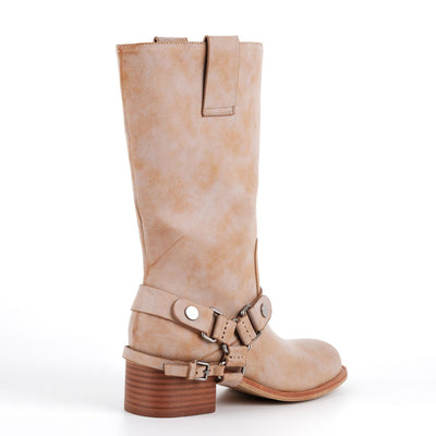 Buckle Strap Chunky Heel Mid-Calf Boots