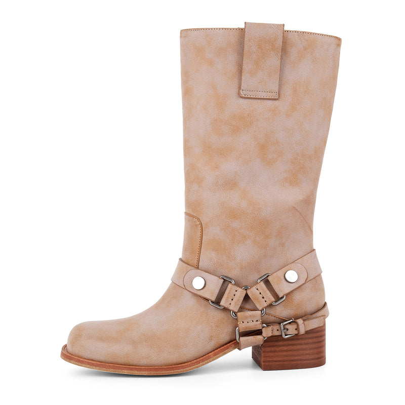 Buckle Strap Chunky Heel Mid-Calf Boots
