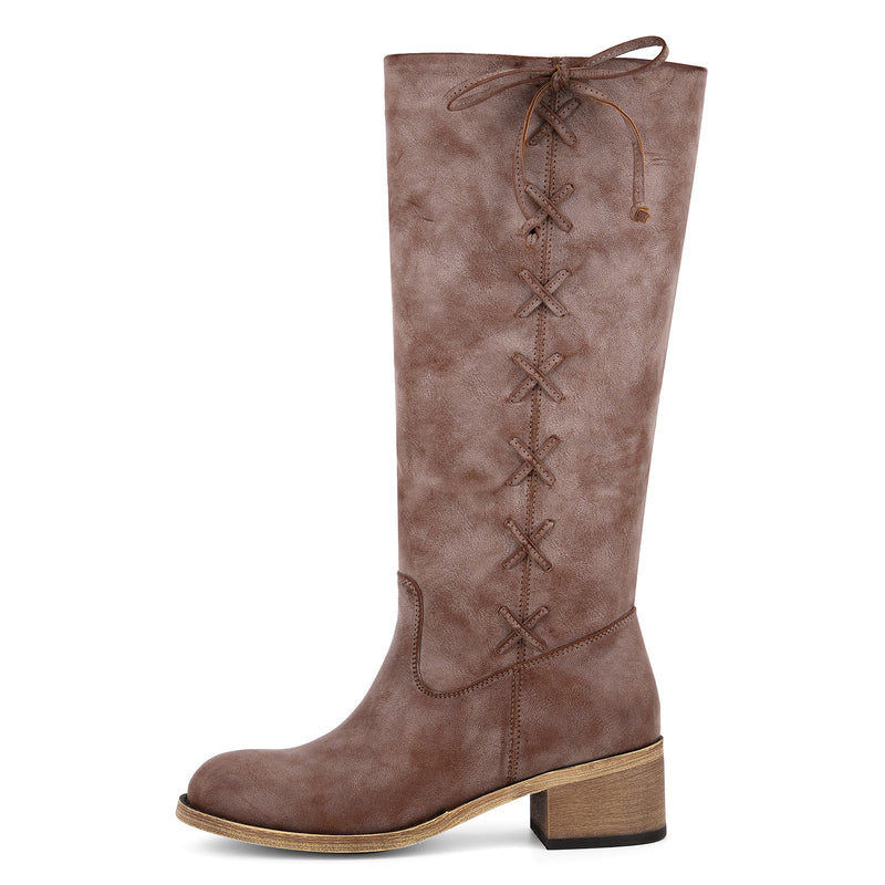 Round Toe Lace-up Zipper Knee High Boots