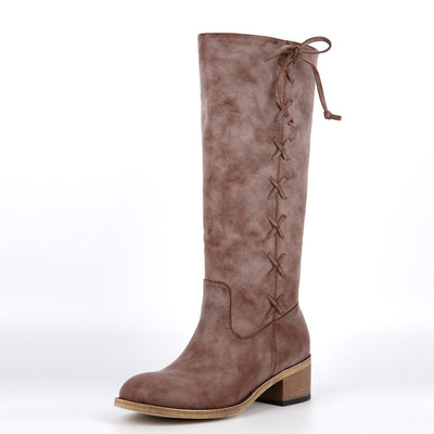 Round Toe Lace-up Zipper Knee High Boots