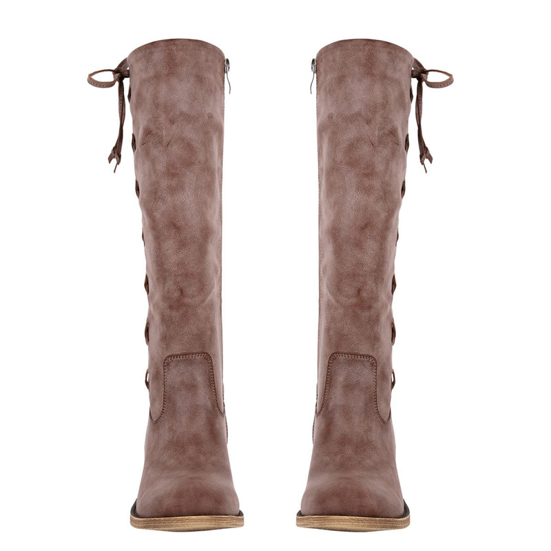 Round Toe Lace-up Zipper Knee High Boots