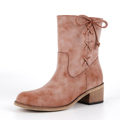 Round Toe Side Lace-up Zipper Ankle Boots