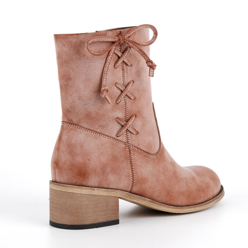 Round Toe Side Lace-up Zipper Ankle Boots