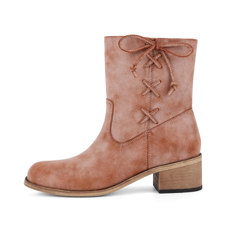 Round Toe Side Lace-up Zipper Ankle Boots