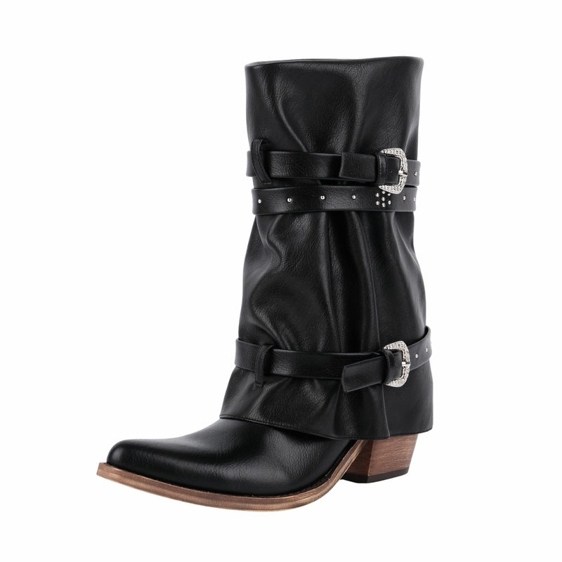 Rivet Buckle Strap Fold Over Western Ankle Boots