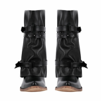 Rivet Buckle Strap Fold Over Western Ankle Boots