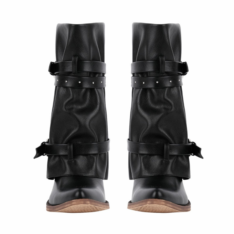 Rivet Buckle Strap Fold Over Western Ankle Boots