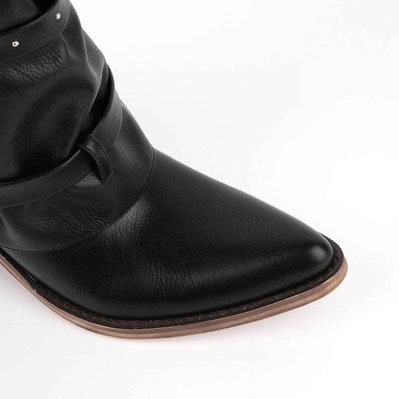 Rivet Buckle Strap Fold Over Western Ankle Boots