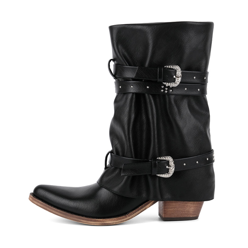 Rivet Buckle Strap Fold Over Western Ankle Boots